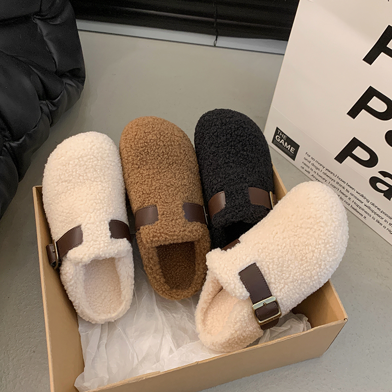 厚底皮带扣毛毛拖鞋女外穿2025年新款时尚加绒保暖一脚蹬包头棉拖