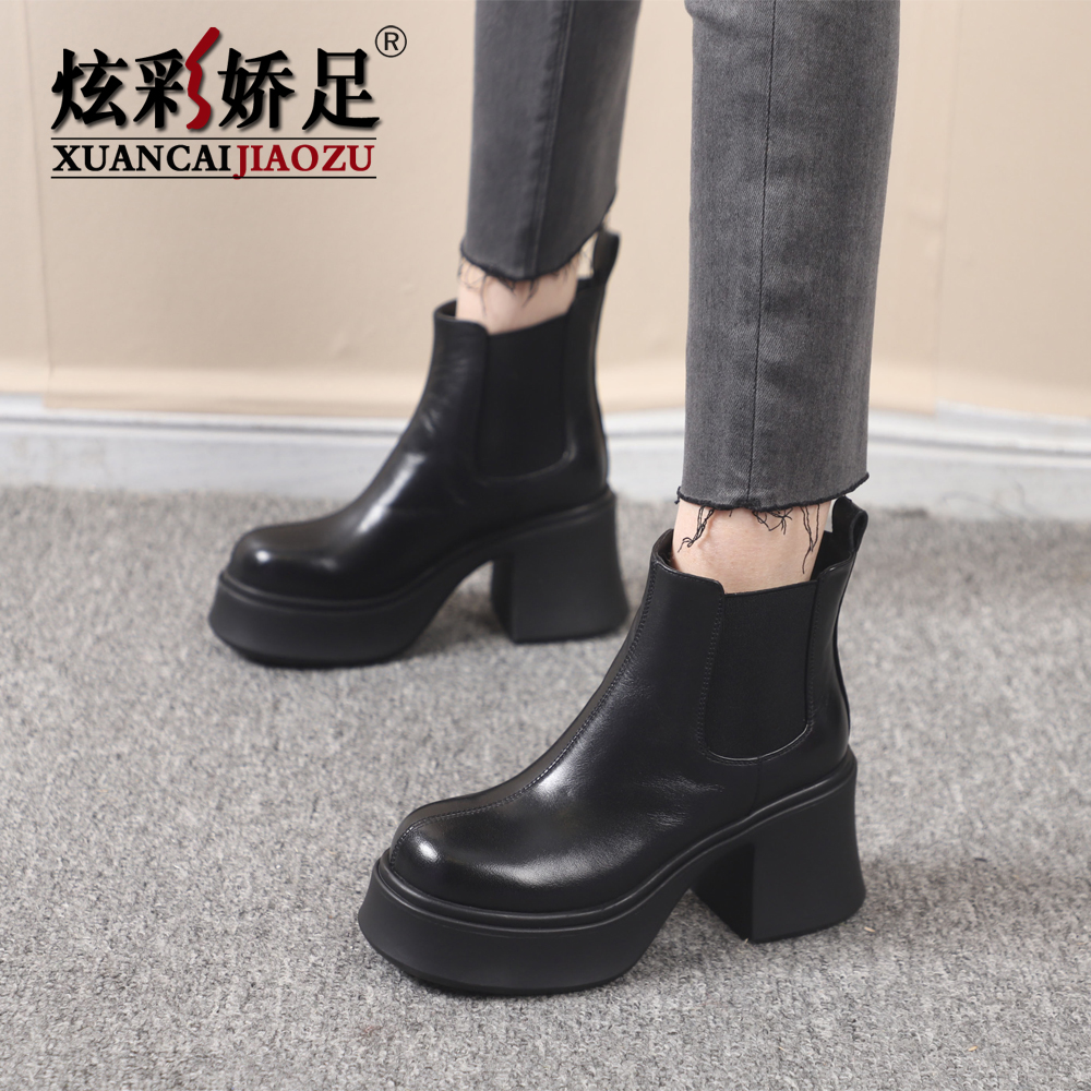 马丁女靴2025新款秋冬女鞋牛皮真皮小个子粗高跟厚底加绒中筒短靴