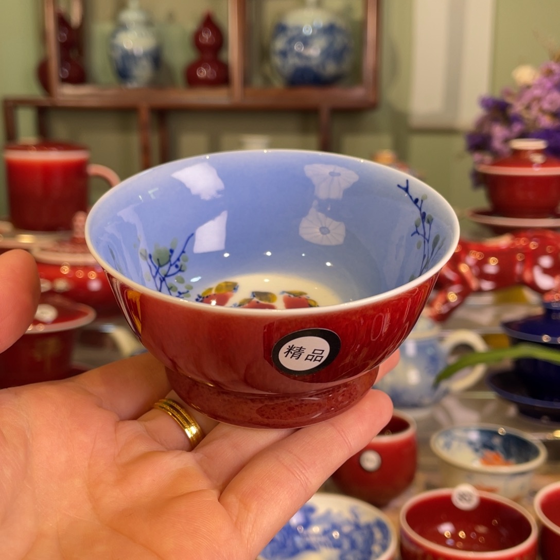 清欢雅玩原矿郎红精品内绘喜上眉梢神话杯