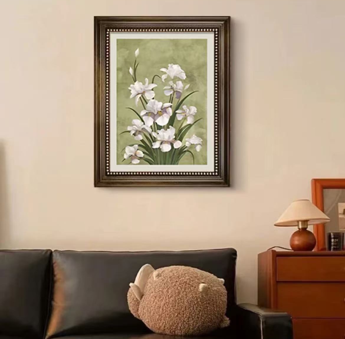 A72中古风鸢尾花餐厅装饰画法式复古挂画绿色系艺术卧室床头壁画