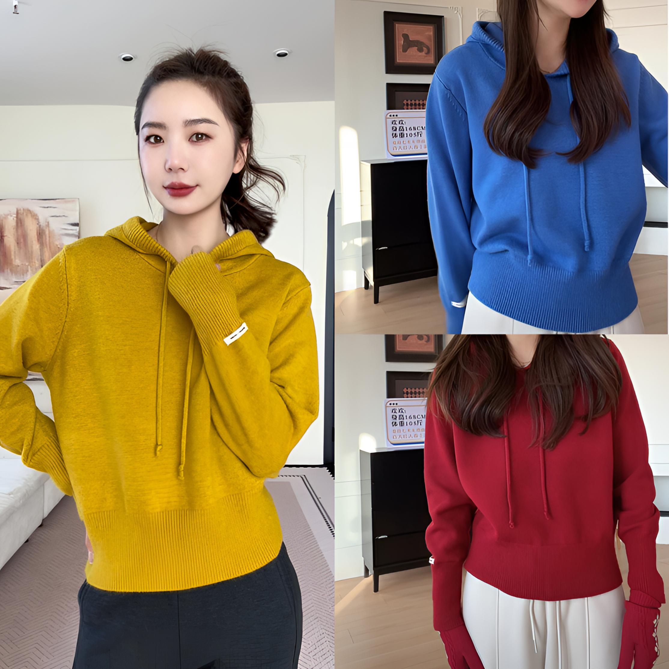 【余欢欢】冬季休闲百搭保暖连帽挂绳套头针织衫-YHW51205