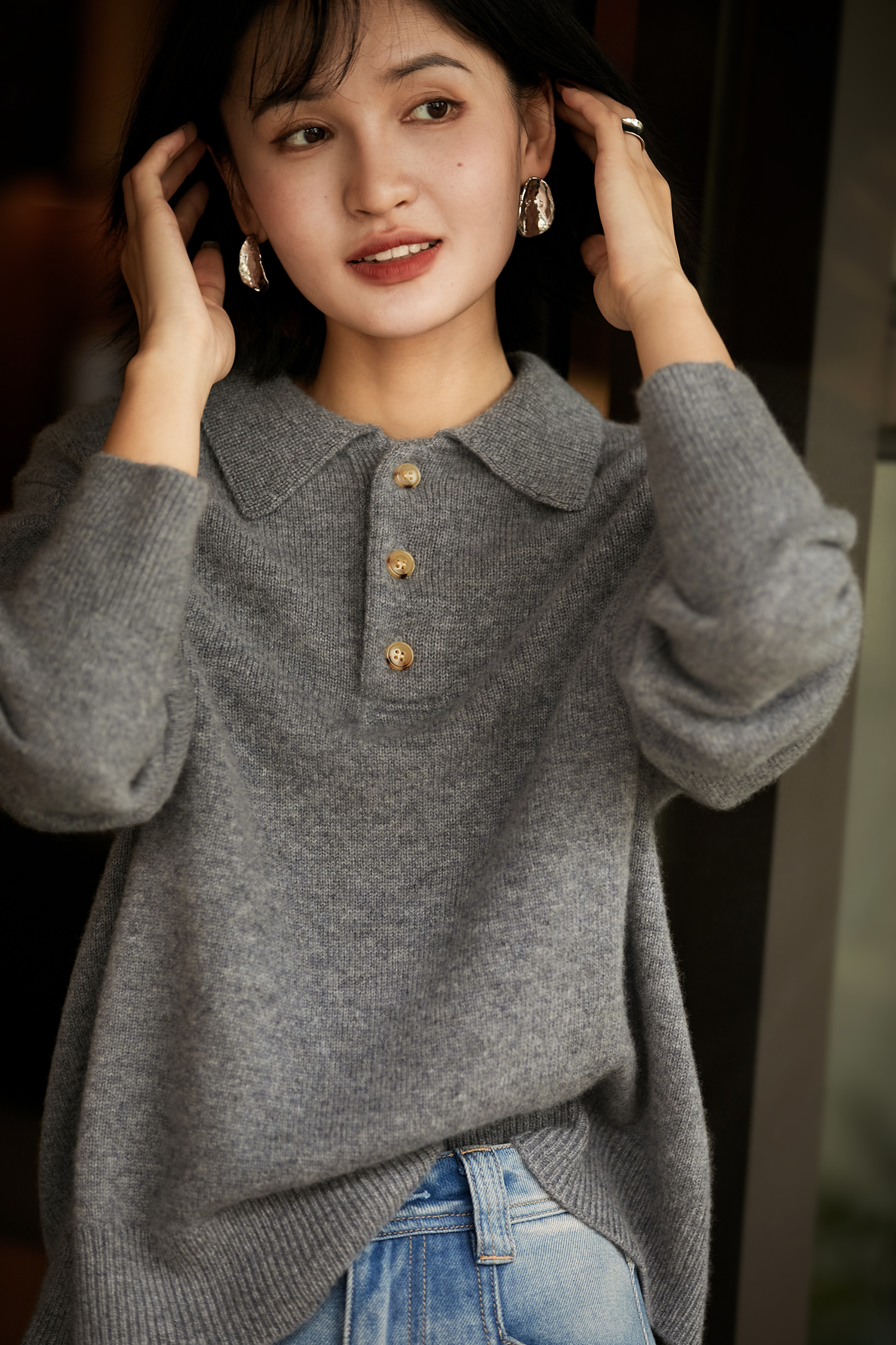 羊毛亲肤糯感polo领宽松针织衫上衣新款牦牛绒