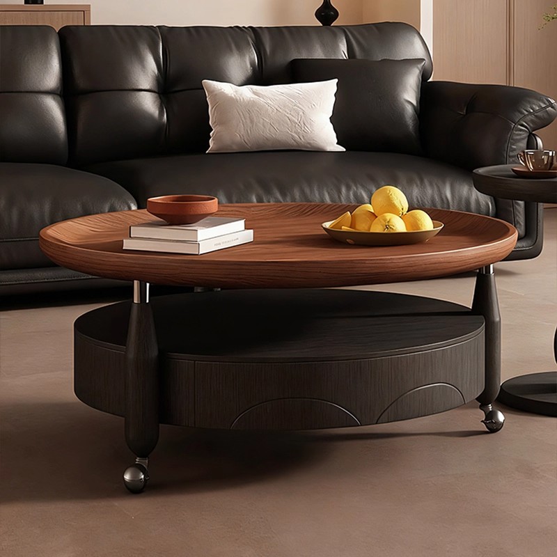 开新Kixoon昀行中古风多功能客厅储物移动茶几圆形白蜡木实木茶几