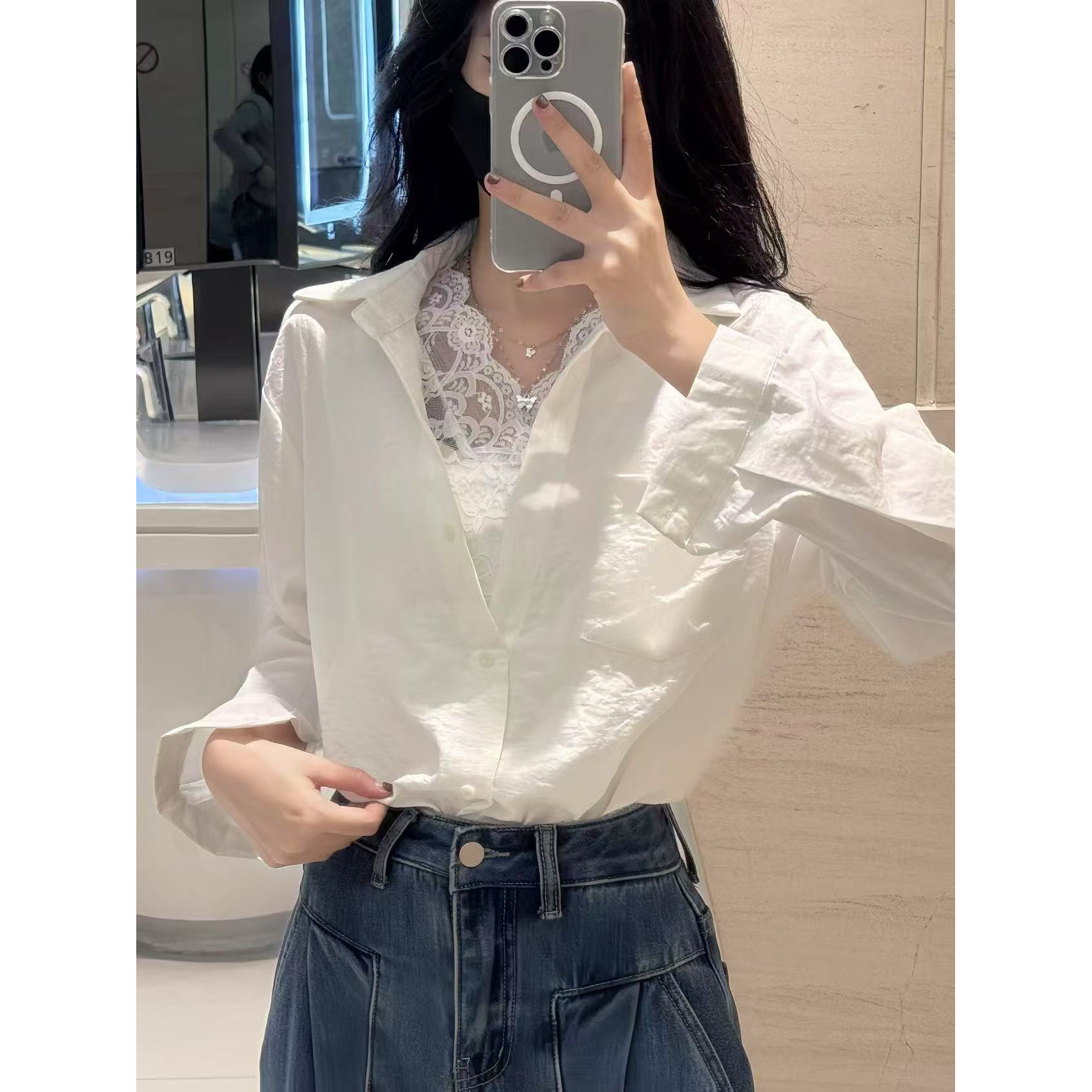 1020衬衫+蕾丝内搭（真两件）女长袖衬衣翻领开衫上衣蕾丝内搭Z