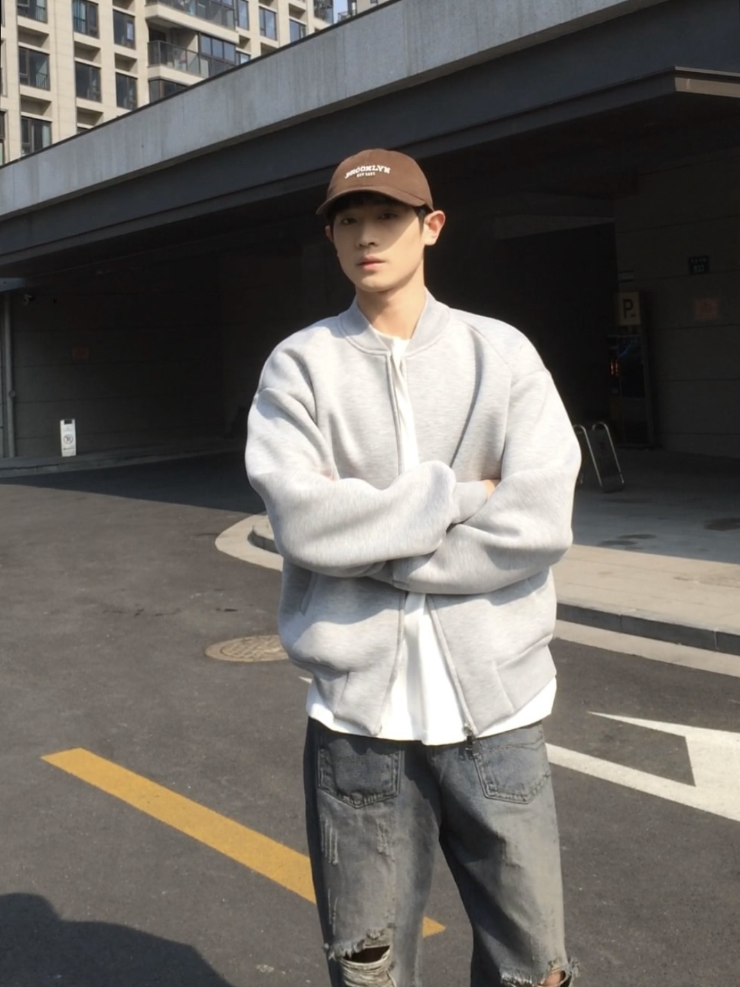 美式重磅复古灰色棒球服外套男春季简约宽松休闲百搭开衫卫衣夹克