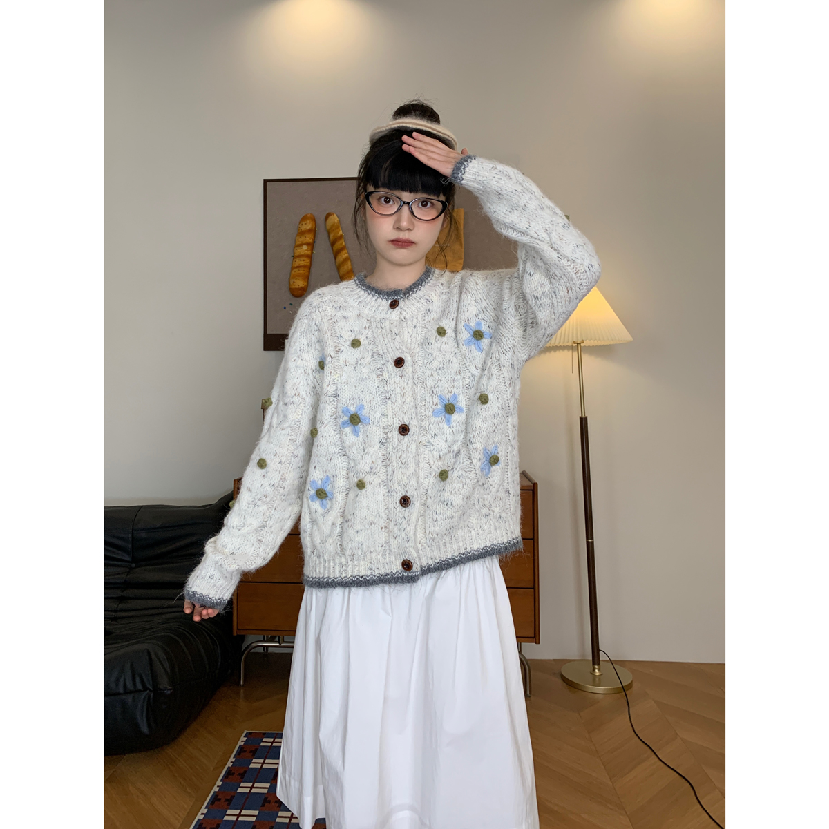 韩系手工花朵提花毛衣外套女秋冬2025新款宽松百搭显瘦针织开衫女