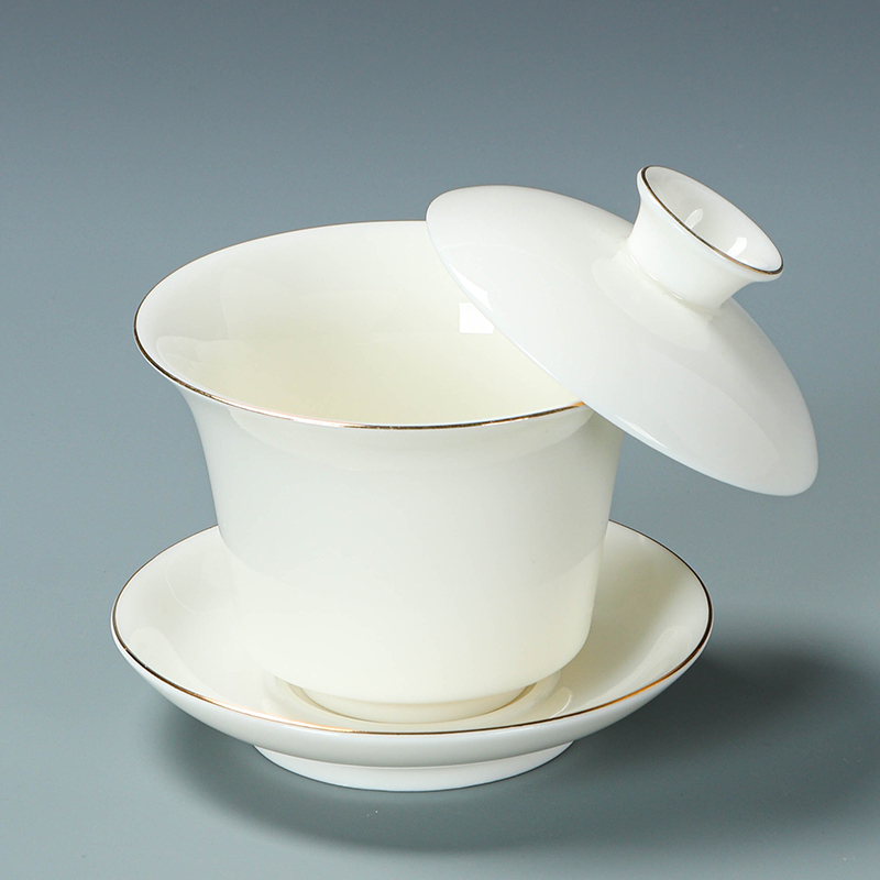 羊脂玉瓷悬停描金边三才盖碗白瓷马蹄型家用泡茶防烫功夫茶具礼品