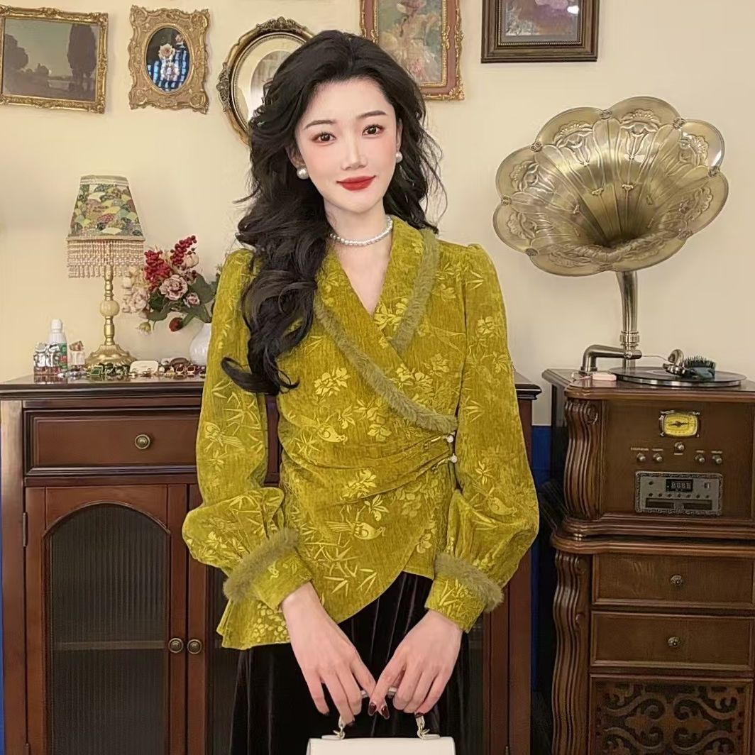 现货【港万】不规则交叉V领别致压花冬季加厚衬衫Y4437