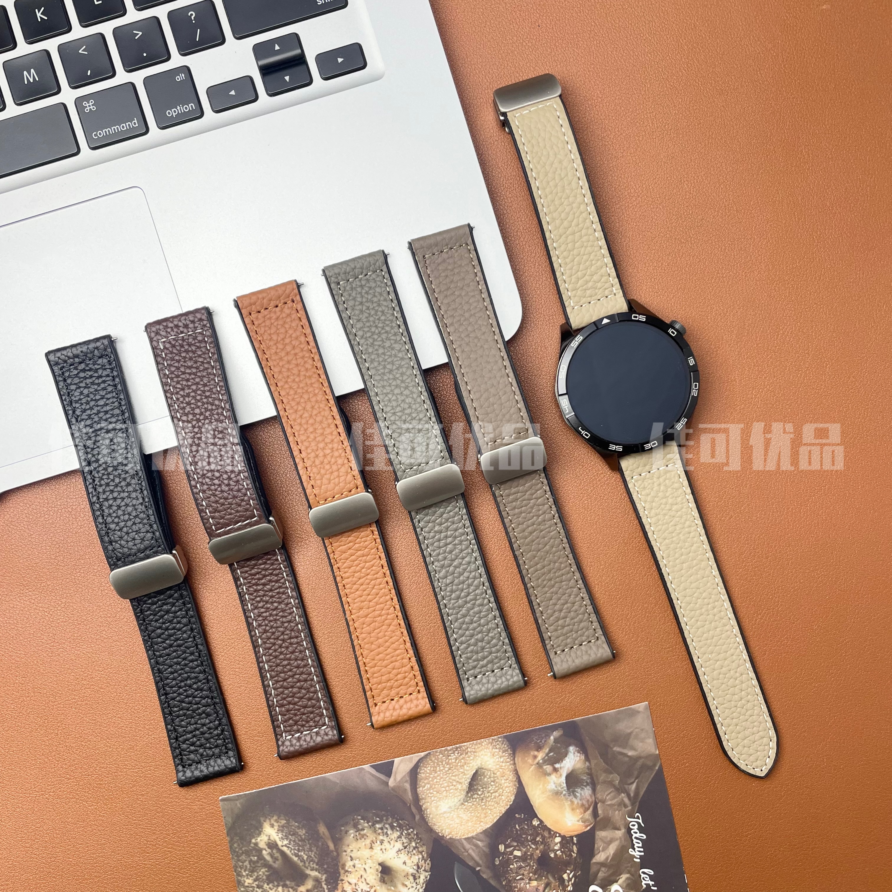 表带适用华为GT6荔枝纹硅胶贴皮表带watch4pro真皮拼硅胶GT磁吸扣