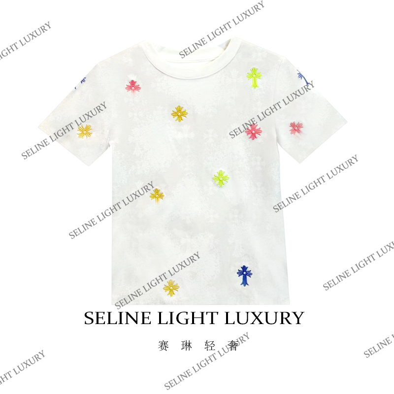 【25C-103】  2025 SELINE 轻奢芒星刺绣暗纹印花时尚圆领短袖T恤