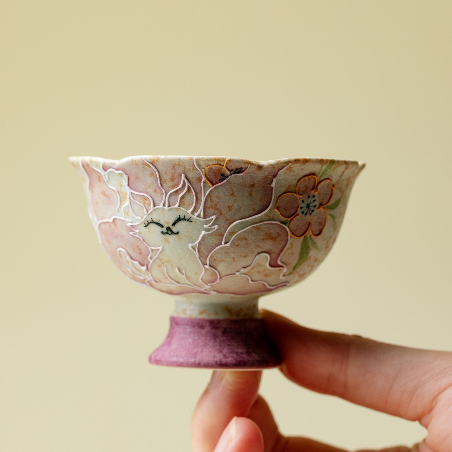 青云贮月-焦糖釉手绘九尾狐花口高足主人杯仙女品茗茶杯功夫茶具