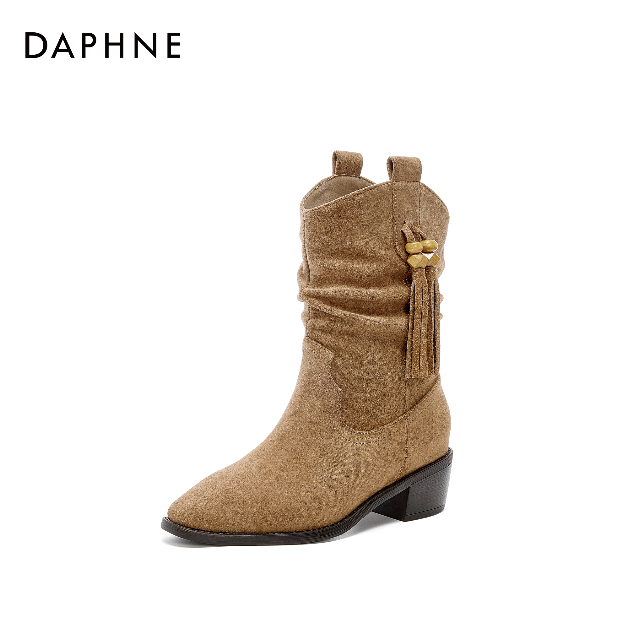 Daphne/达芙妮气质流苏靴女百搭堆堆靴尖头粗跟瘦瘦靴时尚短靴