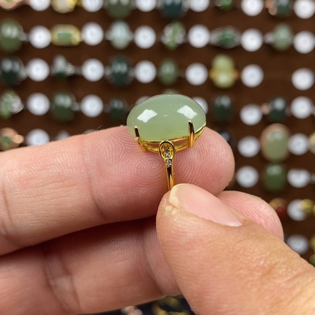 和田玉（青白玉）戒指银S925镀金镶嵌