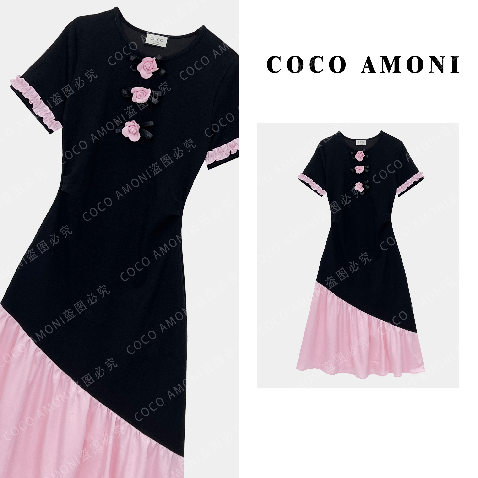 时尚新款原创高级感女装拼接立体花朵气质显瘦连衣裙ZC742