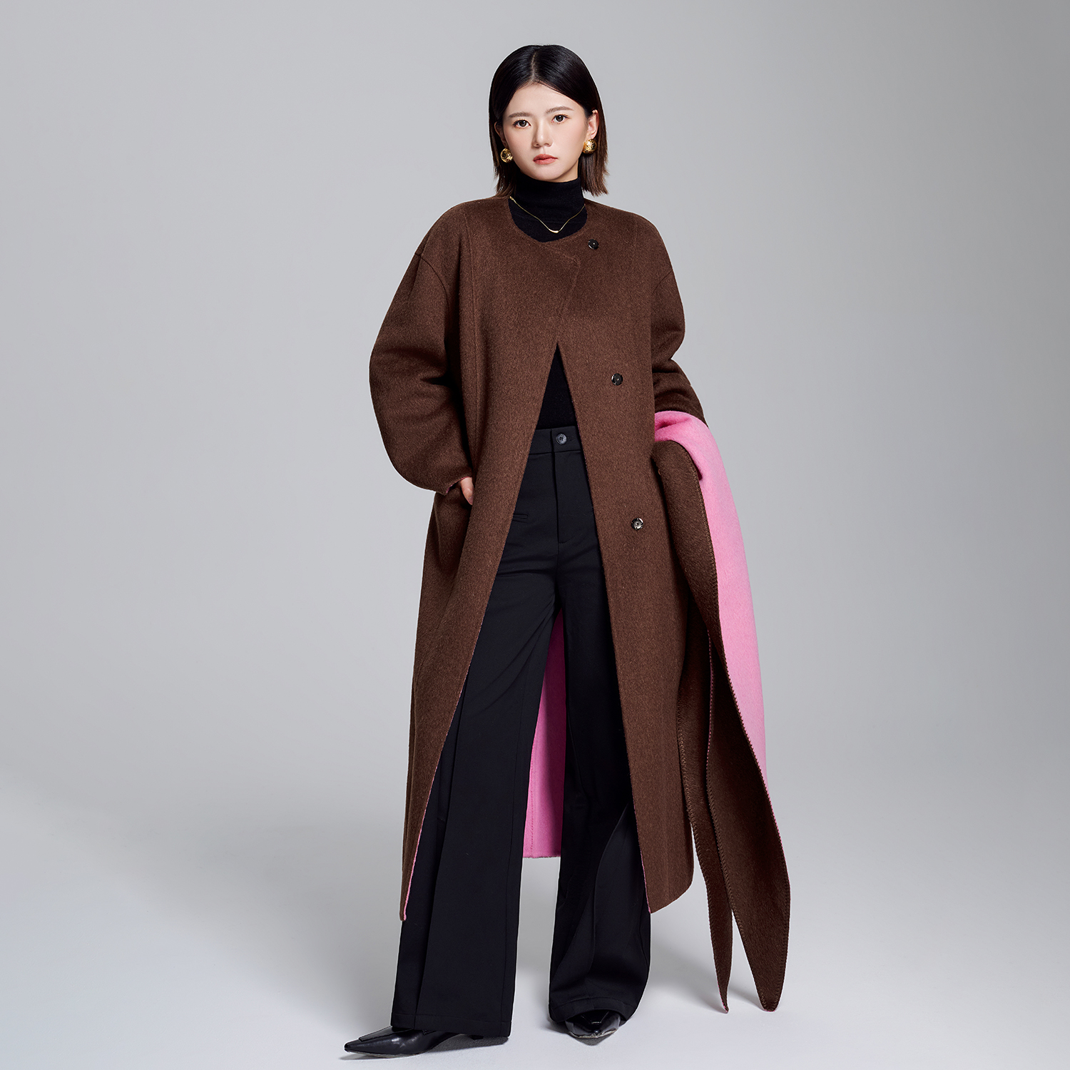 时尚设计师款骆驼绒撞色双面呢长款显瘦气质大衣秋冬女士宽松外套