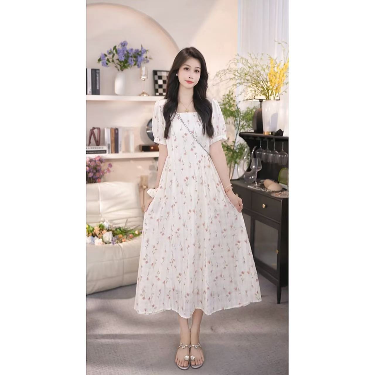 【有口袋】热恋夏季粉色碎花连衣裙女夏气质收腰显瘦温柔长裙1508