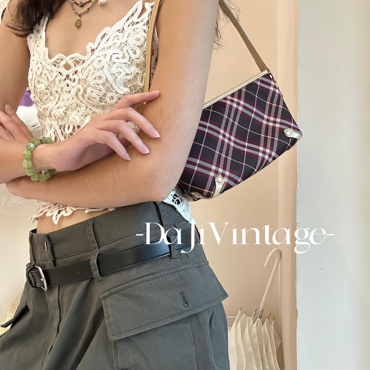 99新 BURBERRY/博柏利 大吉中古/Burberry树莓粉格纹腋下包