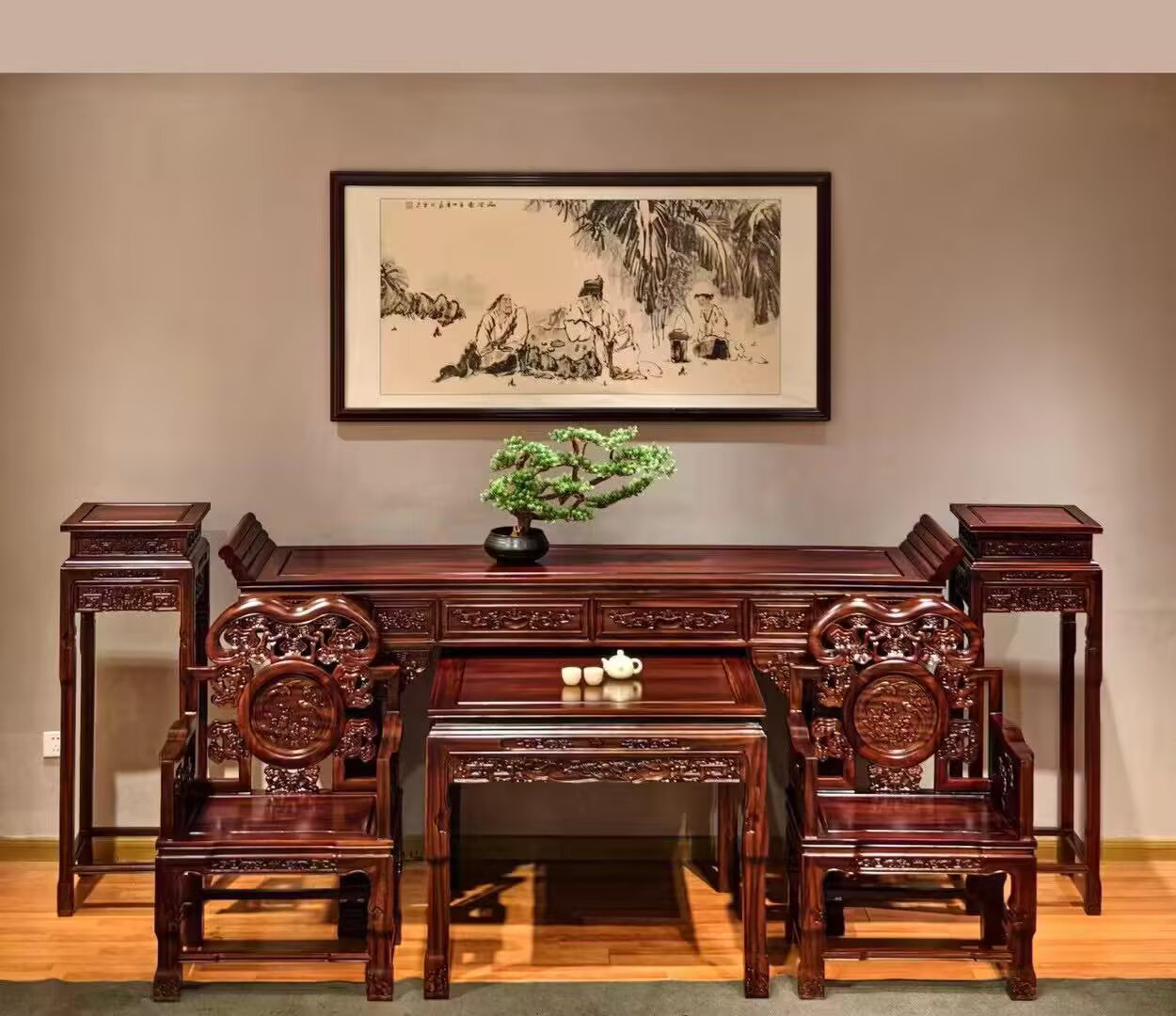 荣祥居推荐—灵芝中堂6件古典（带抽只有三个，条案3米以上是4个抽屉