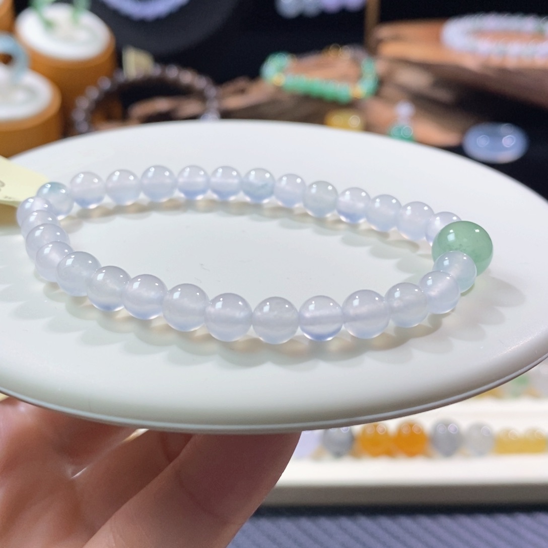 未镶嵌手串翡翠白冰串卡6+