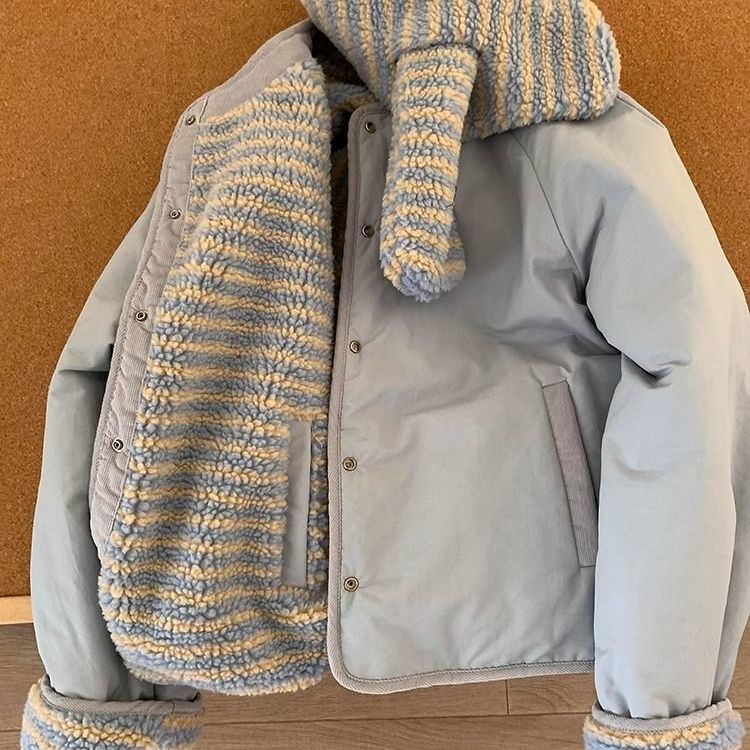 韩系休闲棉服两面穿外套女短款配围巾冬季新款小众宽松圆领
