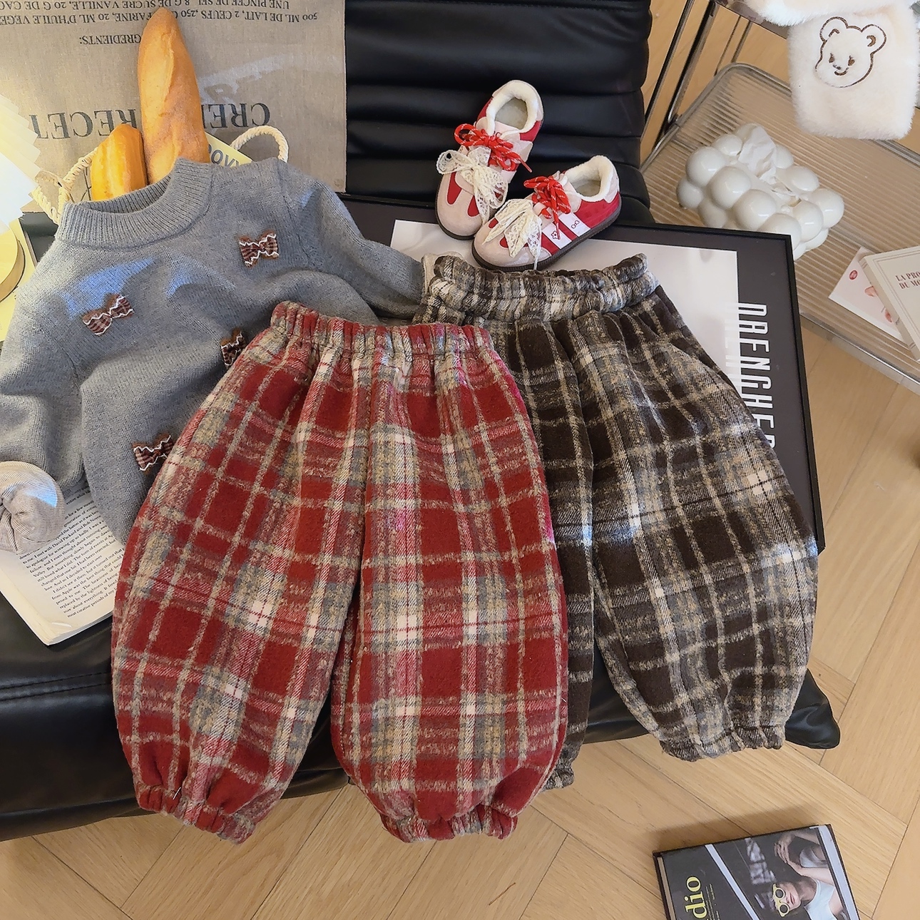 男女童冬季加绒套装新款酷帅小童新年圣诞复古格子一体绒裤子
