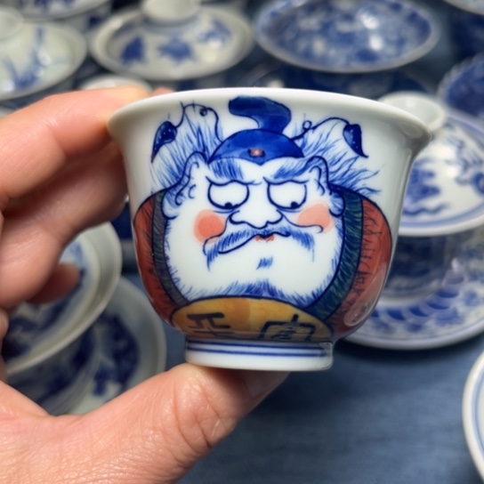 杯手绘釉下彩财神单杯