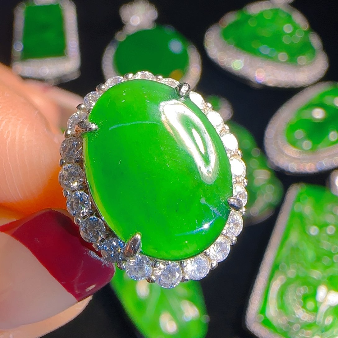 翡翠戒指银S925镶嵌天然