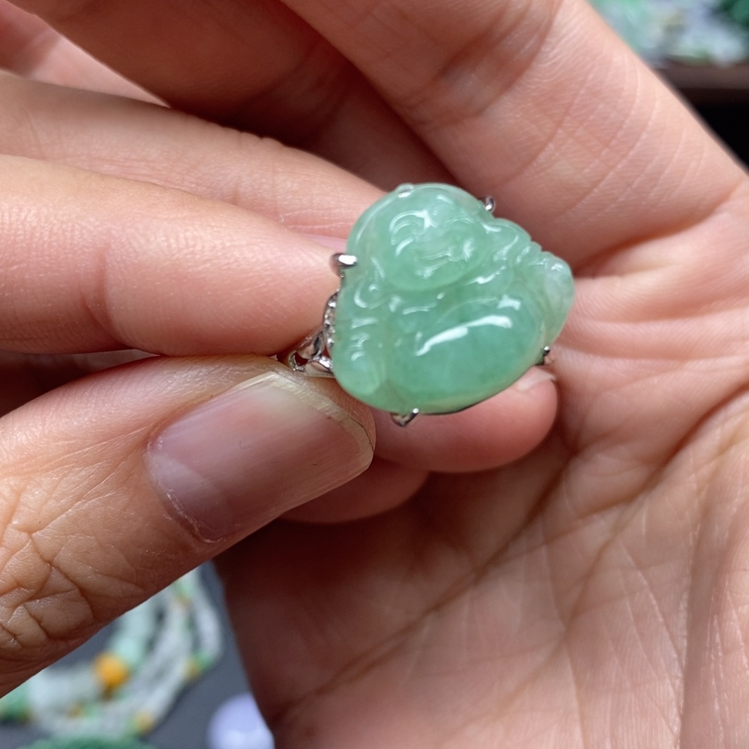 翡翠足银镶嵌戒指佛公戒指