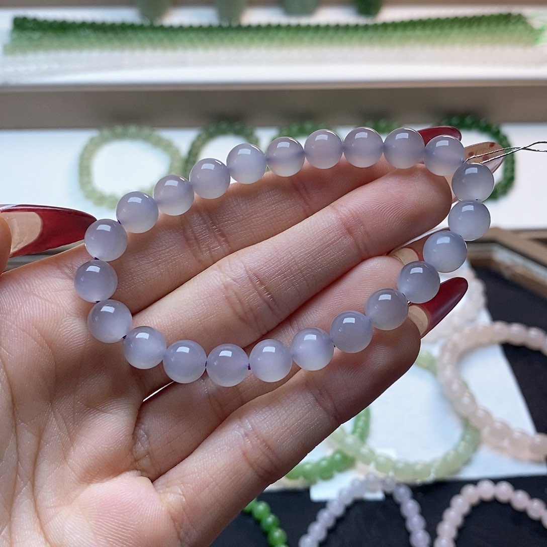 和田玉手链未镶嵌玻璃体烟紫一线猫卡八