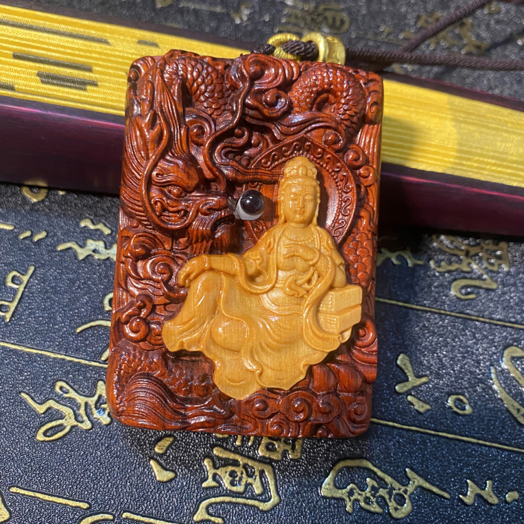 紫檀木黄杨镶嵌坐观音吊坠