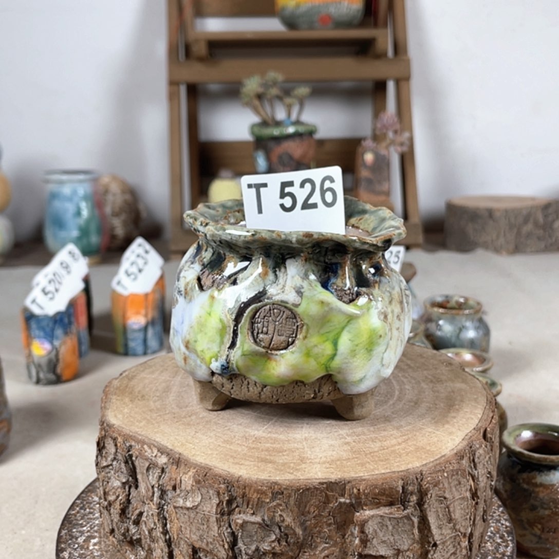 紫砂花盆孤品 油画山石 钱袋 外口8