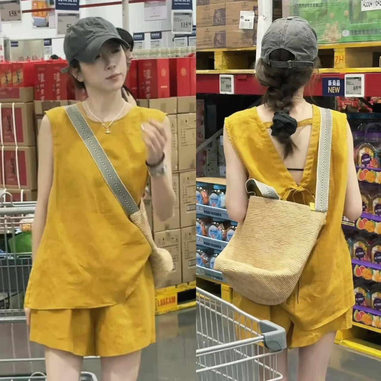 MAMIE【高感减龄】女夏装新款小心机后背镂空无袖上衣高腰短裤套装