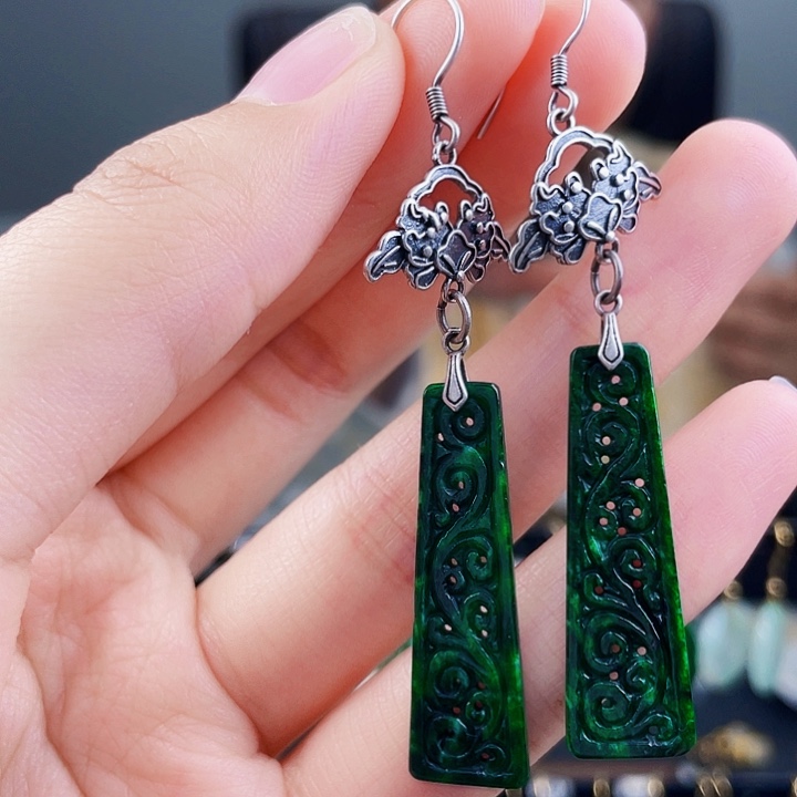 翡翠耳饰银S925镶嵌饰品