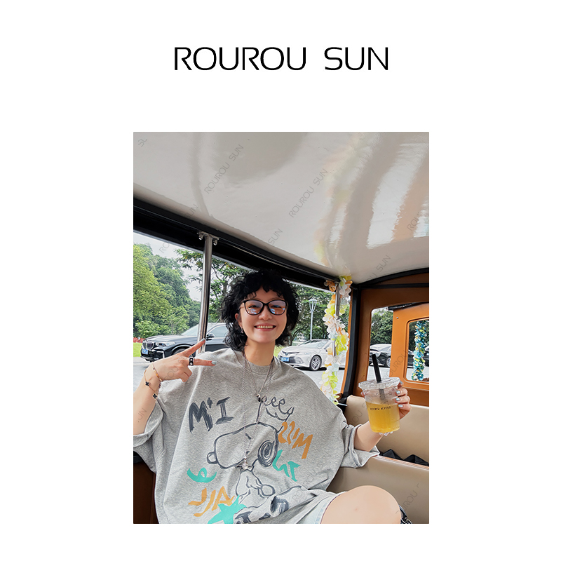 26626短袖T恤女宽松圆领上衣T恤衫美式复古减龄别致短袖