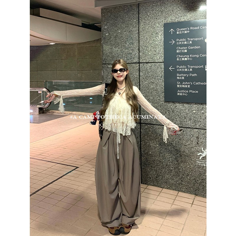 LUU桃喜儿/卡其褶皱松弛伞兵裤女秋冬宽松设计感长裤休闲阔腿裤子