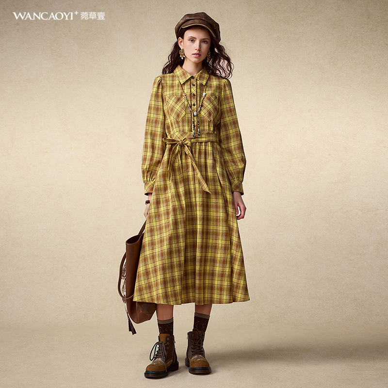 【商场同款】菀壹2025秋季新款高腰a字格纹衬衫连衣裙Q04500531