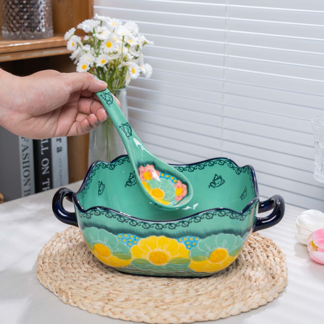 【西里西亚】手绘碧海苍天-四方双耳提柄汤锅（配勺）