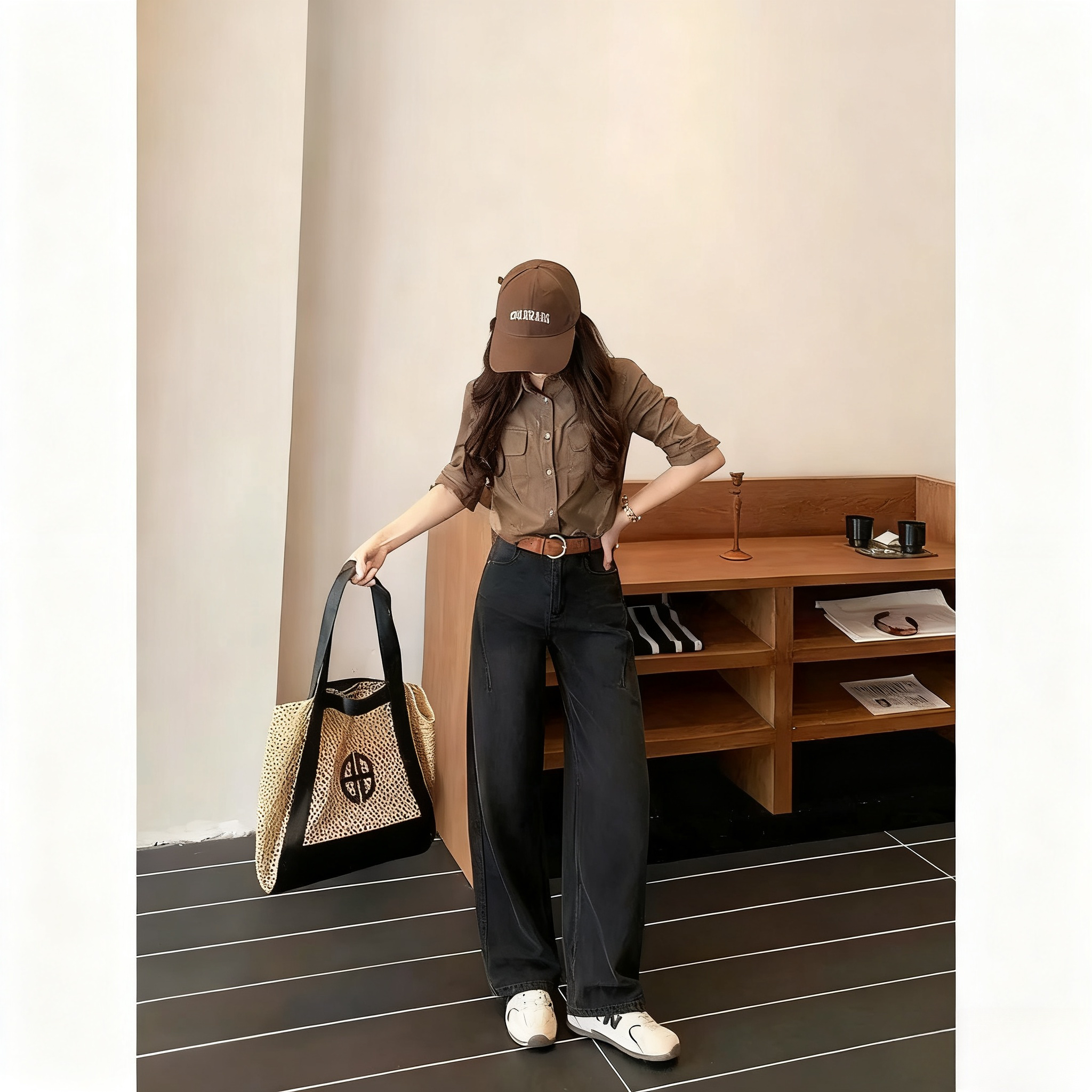 【尾货默认瑕疵】秋冬女款黑灰色窄版弯刀阔腿牛仔宽松百搭显瘦长裤