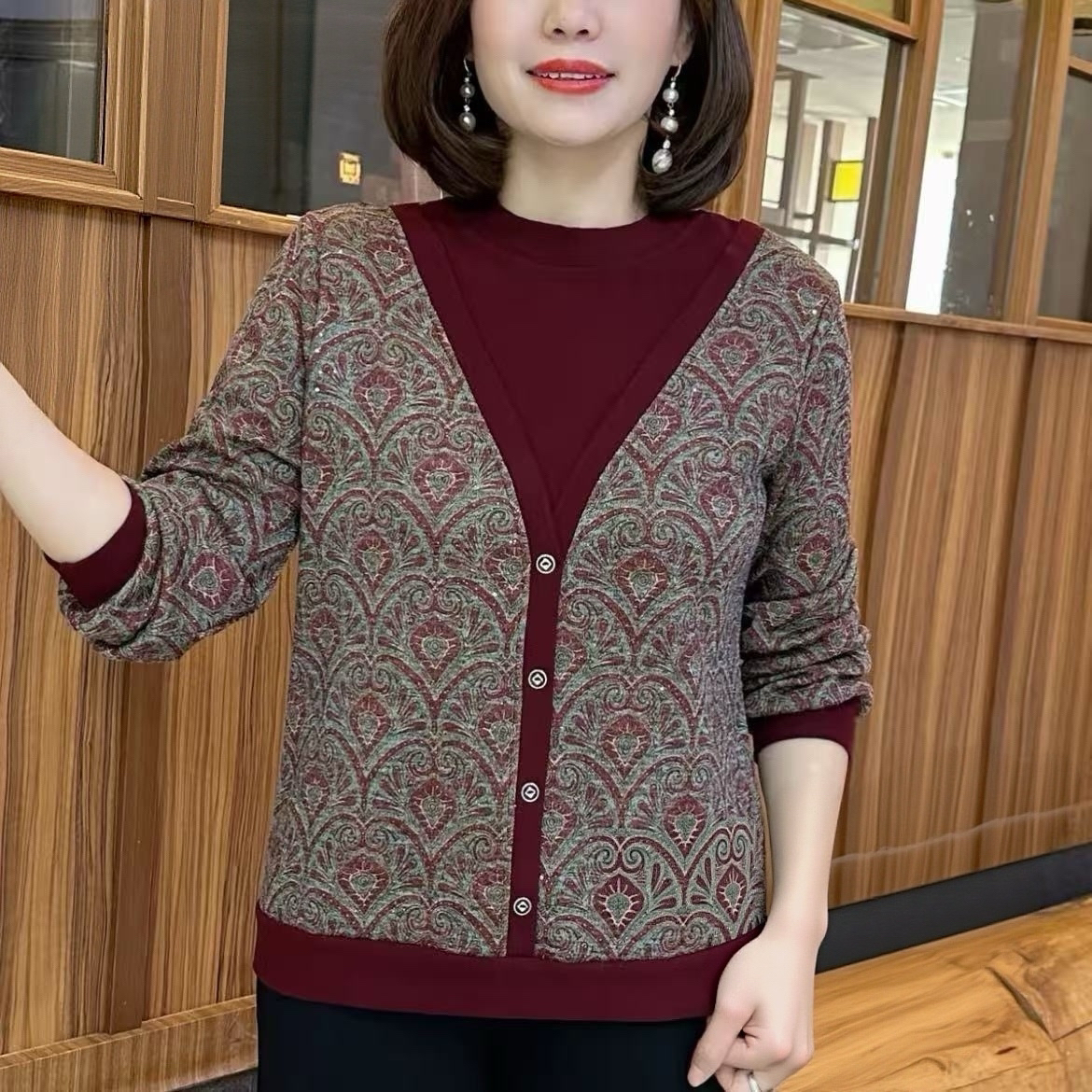 秋冬季新款双面德绒假两件保暖显瘦气质长袖妈妈上衣