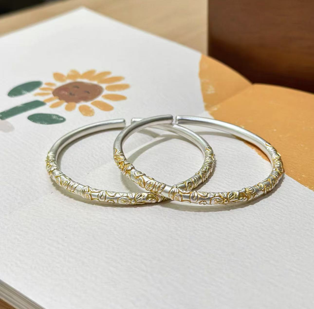 足银手镯 樱花描金镯手镯时尚高级A0178（无礼盒）