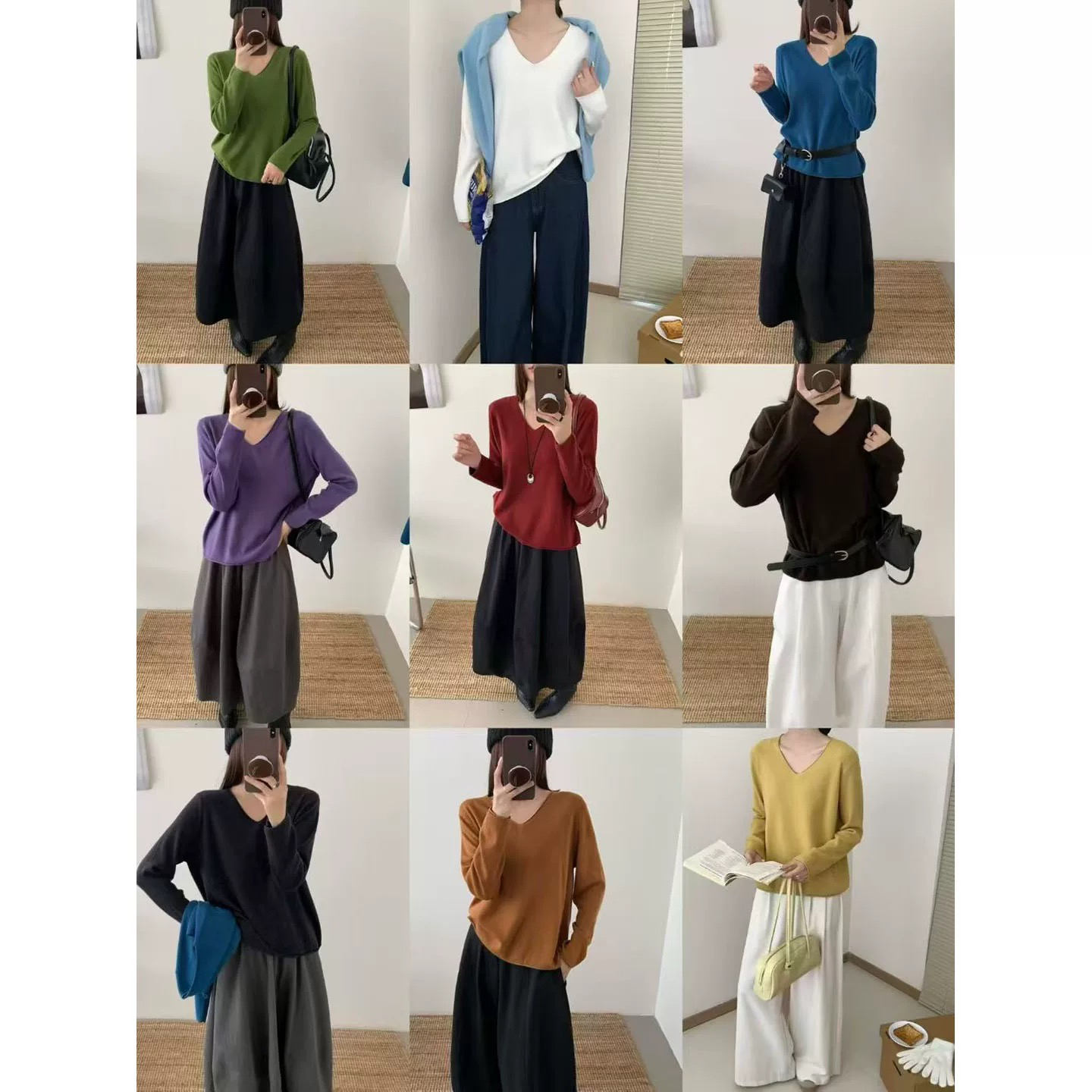 乐缘爆款秋冬韩版时尚舒适V领卷边纯色百搭针织上衣*1202