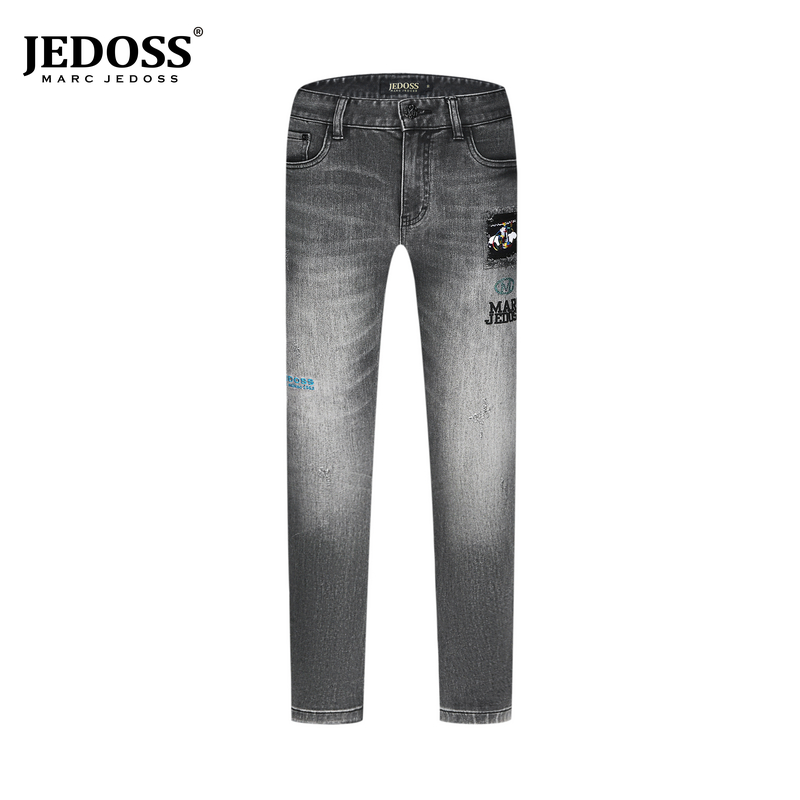 JEDOSS/爵迪斯秋新款轻奢修身时尚男装LOGO刺绣印花直筒牛仔裤018