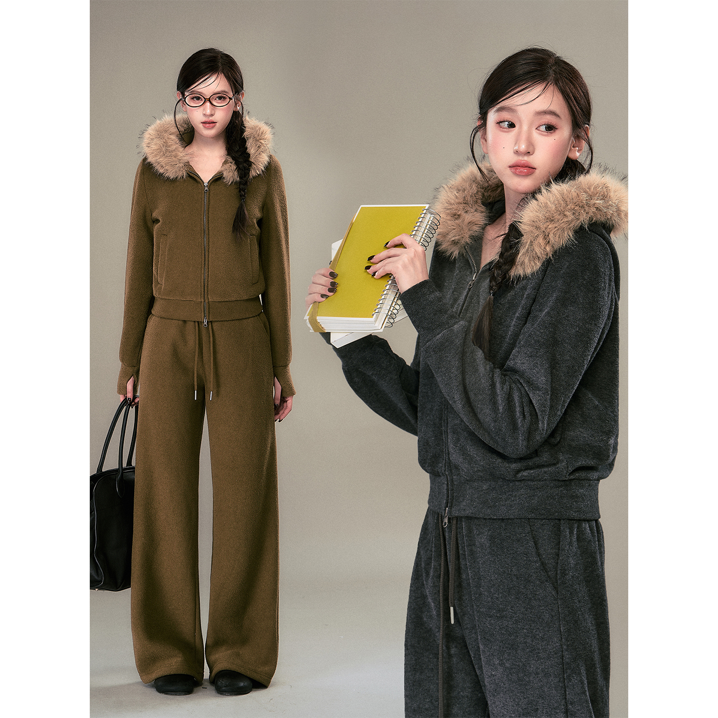 OIOI ESSE｜毛领加绒连帽卫衣套装女冬季休闲风直筒长裤两件套