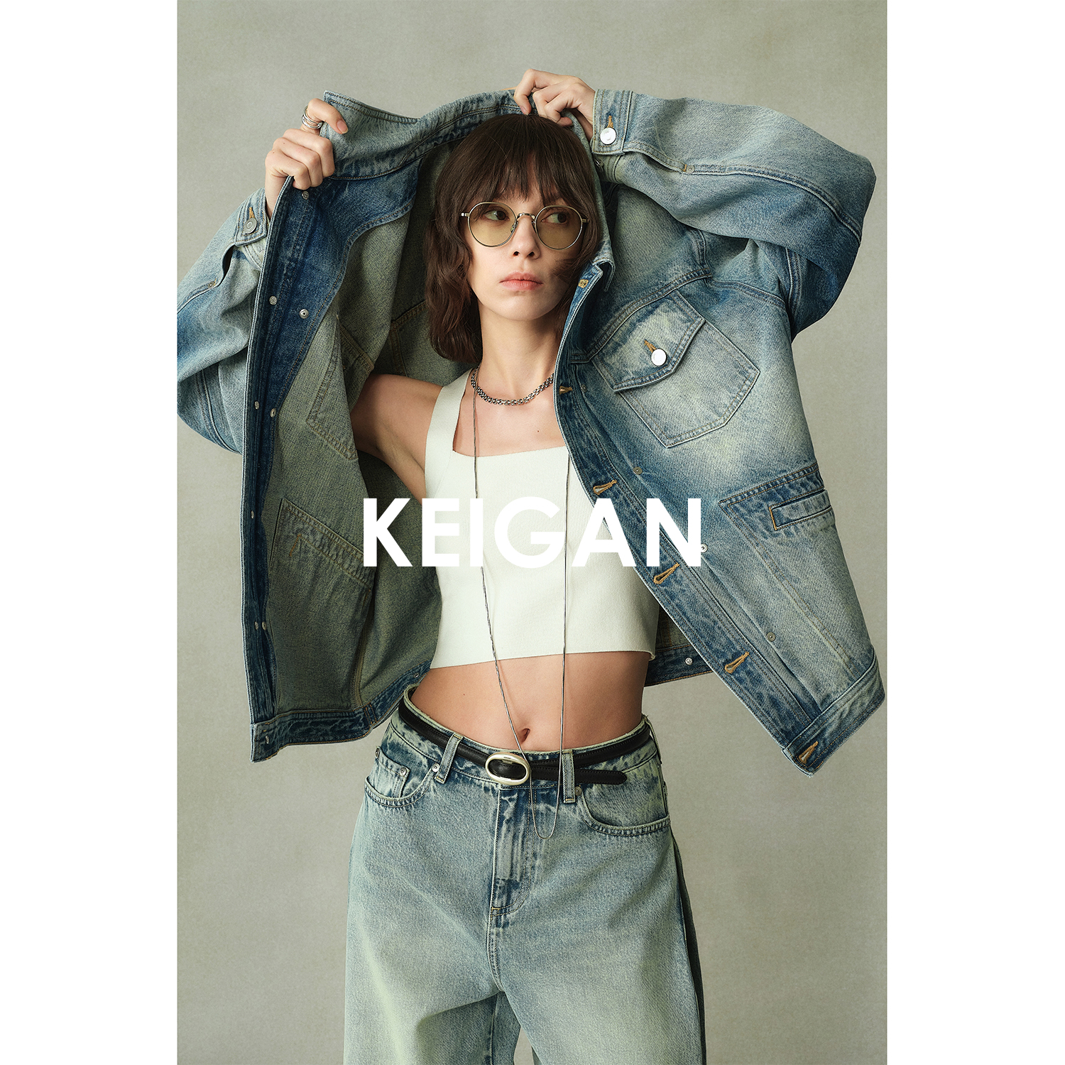 KEIGAN/开间欧洲进口石磨水洗时髦大口袋男友风廓形牛仔夹克外套