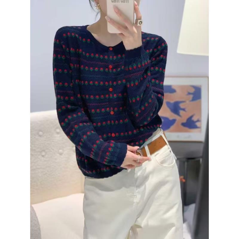 【提花知韵】小花开衫 韩版氛围复古碎花条纹圆领针织衫女秋季新款