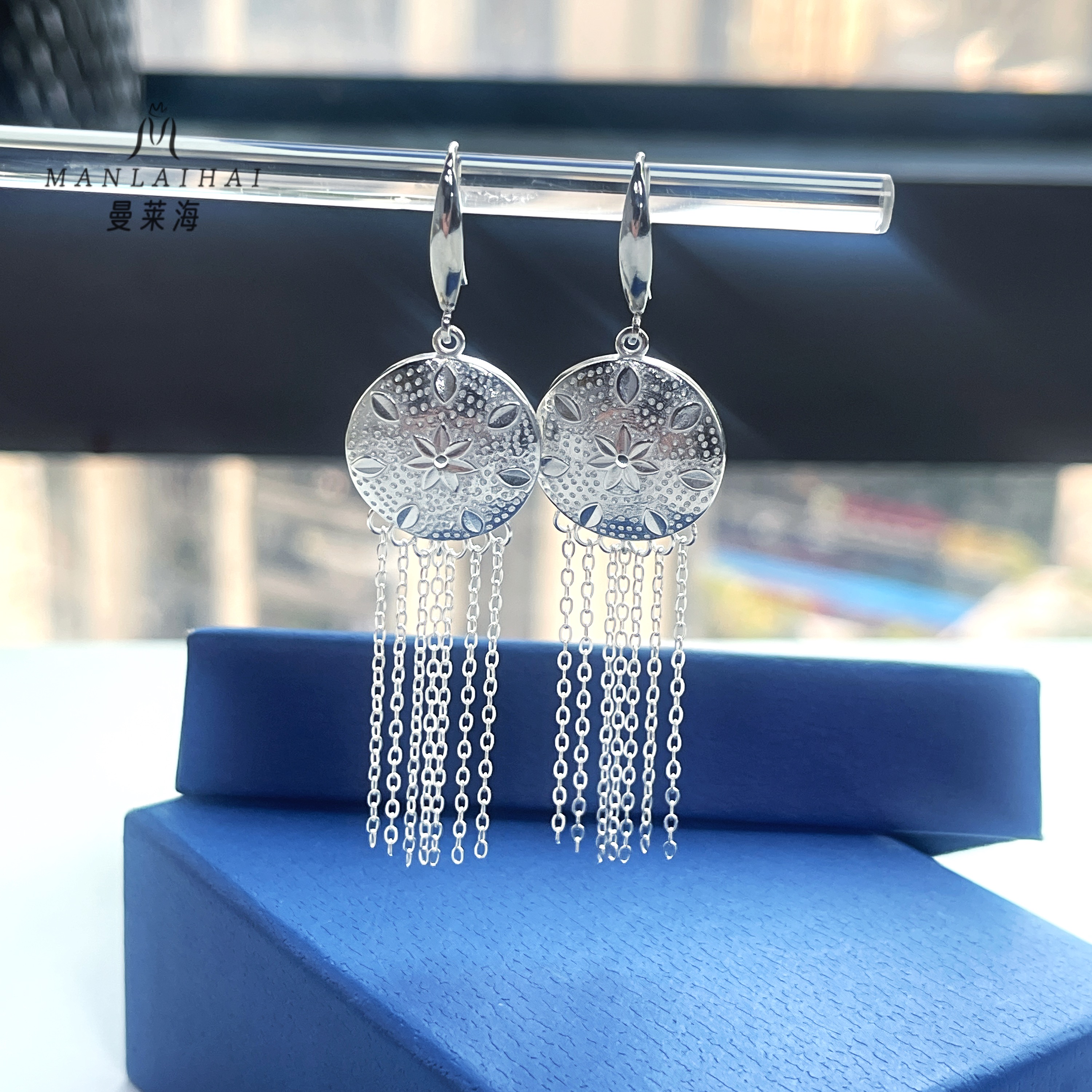 足银耳饰 圆盘太阳花流苏加粗耳钩显脸小纯银耳钉气质百搭复古