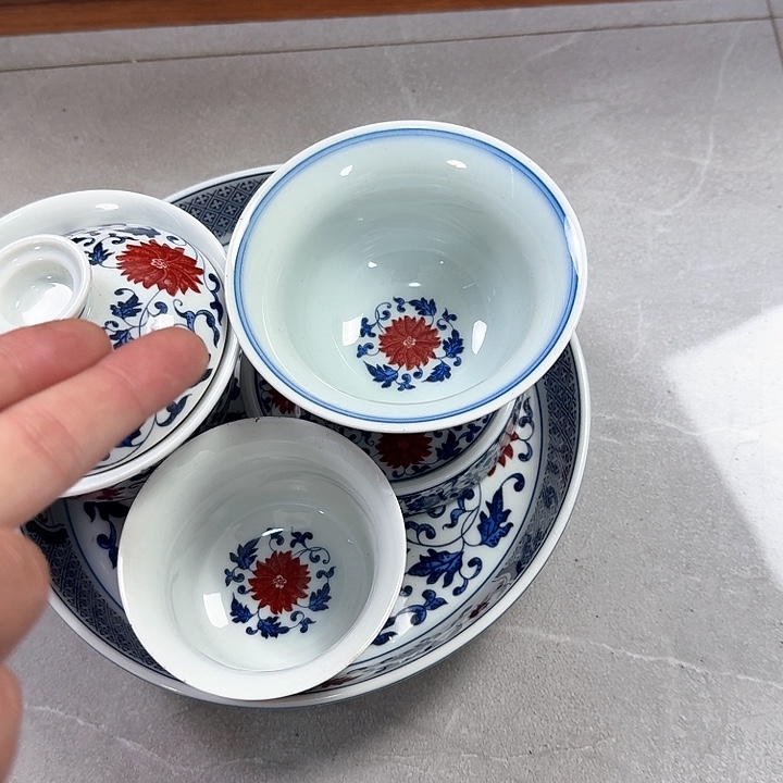 瓷片釉里红缠枝莲5件套景德镇