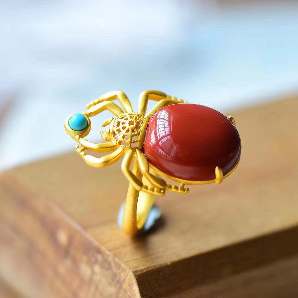 天然南红八方来财925银镀金戒指