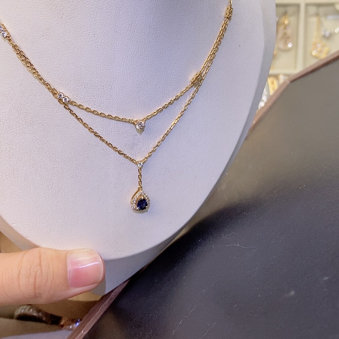 钻石18K金镶嵌项链蓝宝石双链条k黄