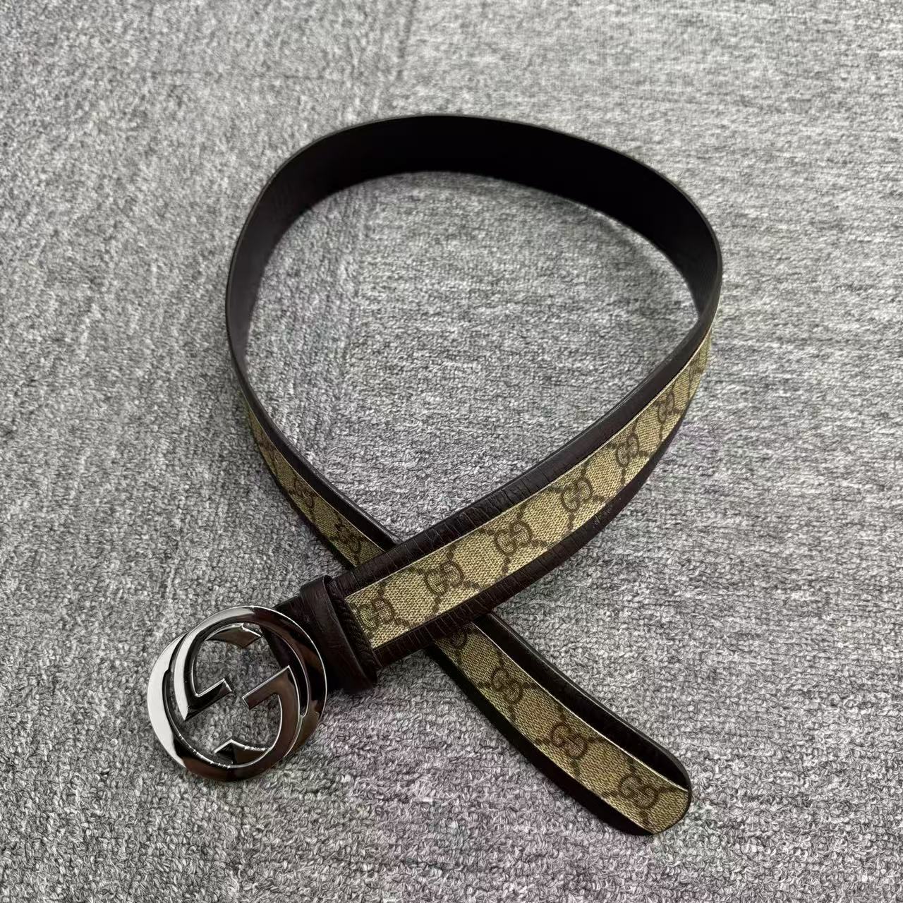 99新 GUCCI/古驰  乌木色织物拼皮腰带/尺码：90cm /编码16166